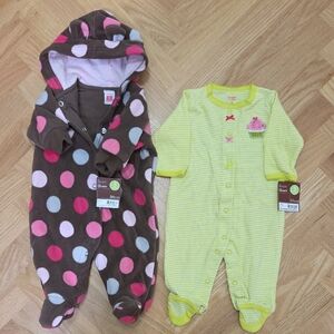 Polka Dot Hooded And Green/ White  Footies Set
